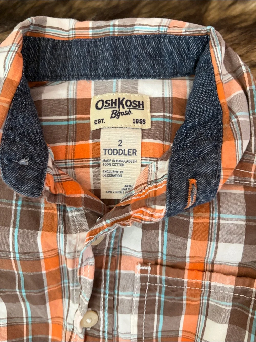 OshKosh B'gosh Orange, Brown & White Plaid Short-Sleeve Button-Up Size 2T